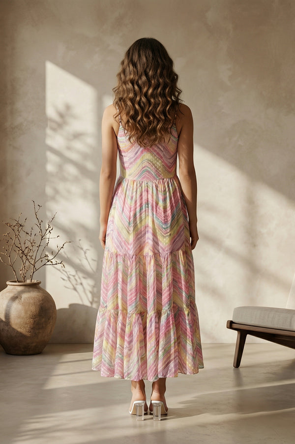 Multicolor Chevron Chiffon Tiered Dress