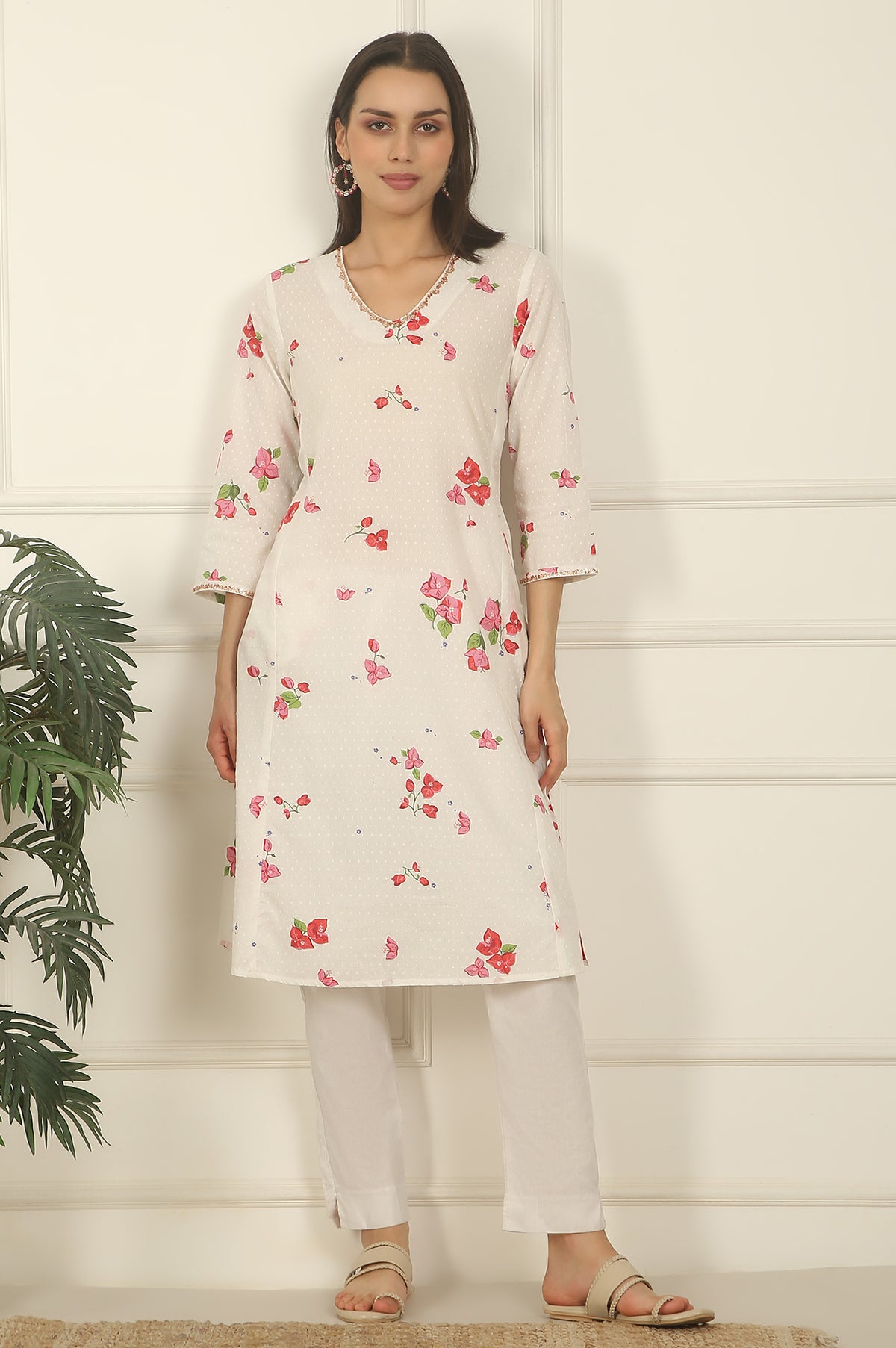 White Floral Printed Swiss Dot Cotton A-line Kurta - XS