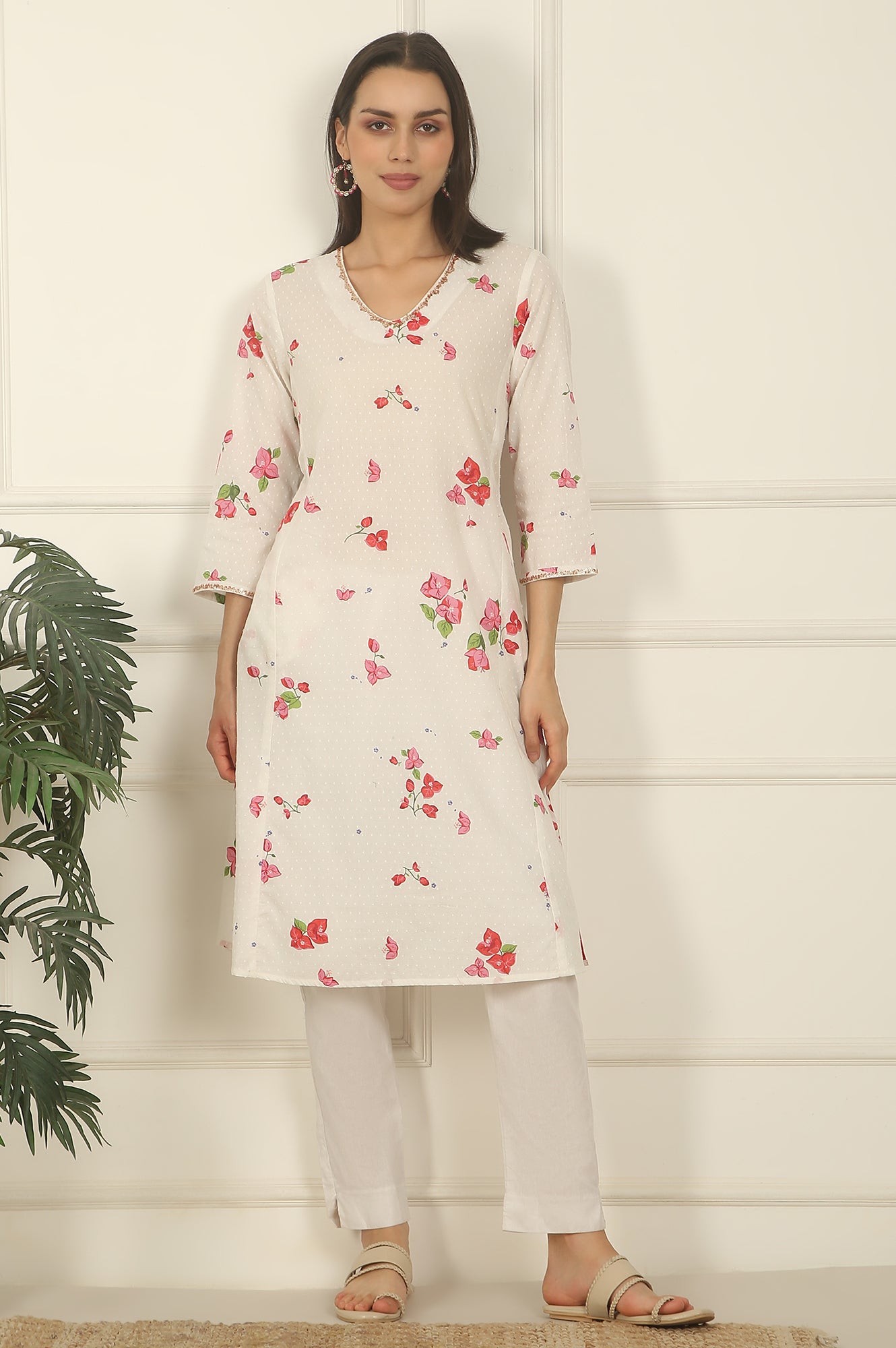 White Floral Printed Swiss Dot Cotton A-line Kurta