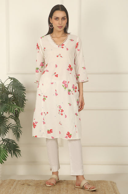 White Floral Printed Swiss Dot Cotton A-line Kurta