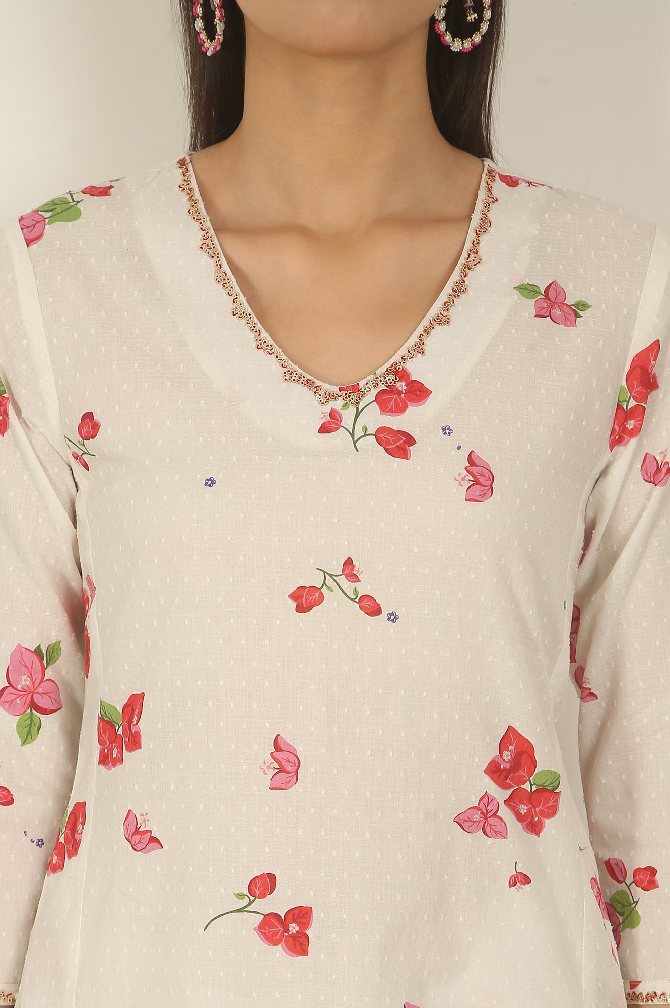White Floral Printed Swiss Dot Cotton A-line Kurta