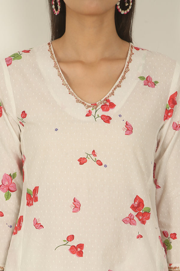 White Floral Printed Swiss Dot Cotton A-line Kurta