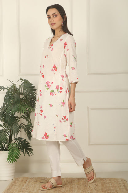 White Floral Printed Swiss Dot Cotton A-line Kurta