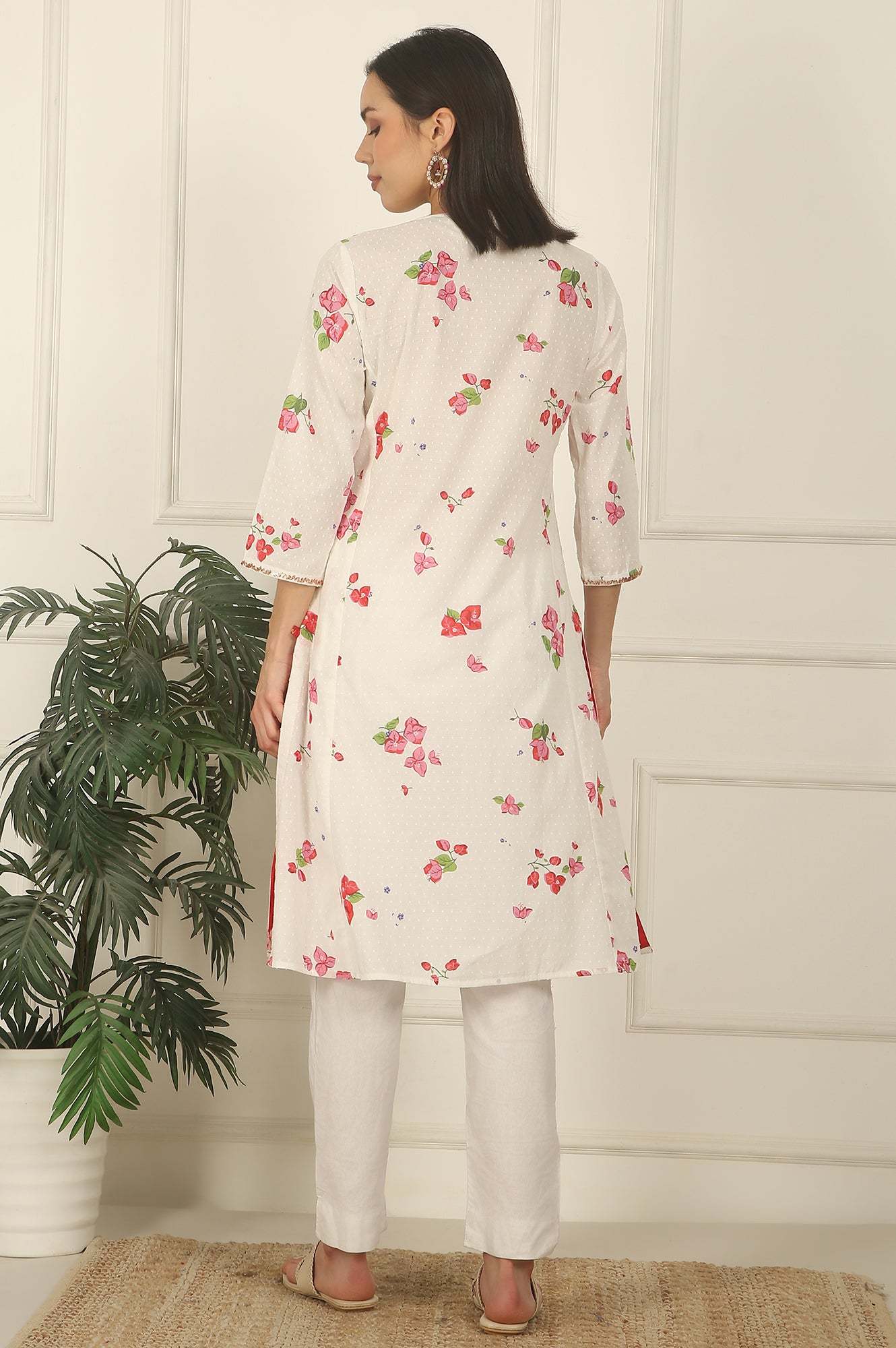 White Floral Printed Swiss Dot Cotton A-line Kurta