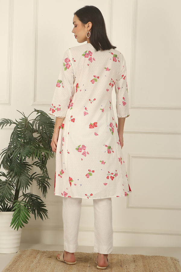 White Floral Printed Swiss Dot Cotton A-line Kurta