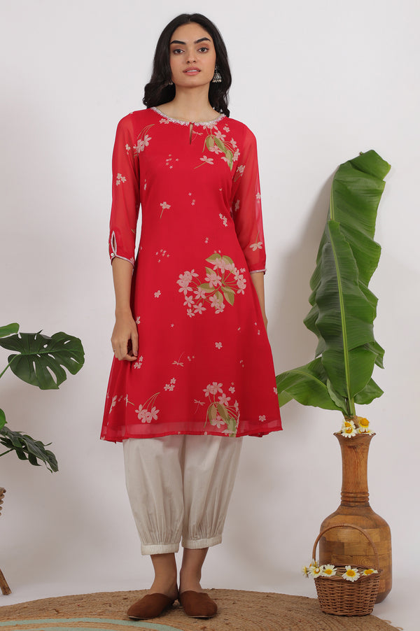 Red Floral Printed Chiffon A-line Kurta