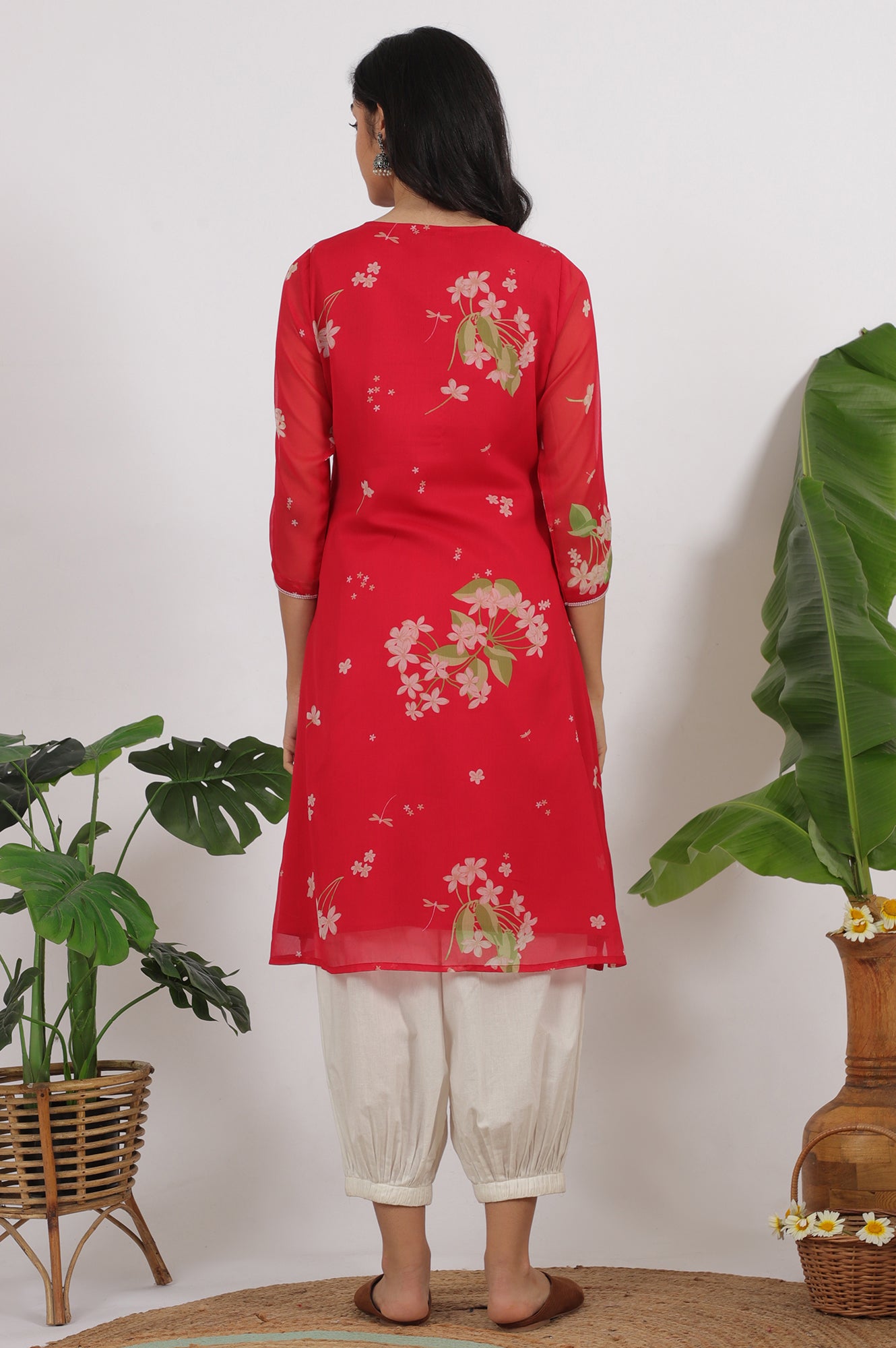 Red Floral Printed Chiffon A-line Kurta