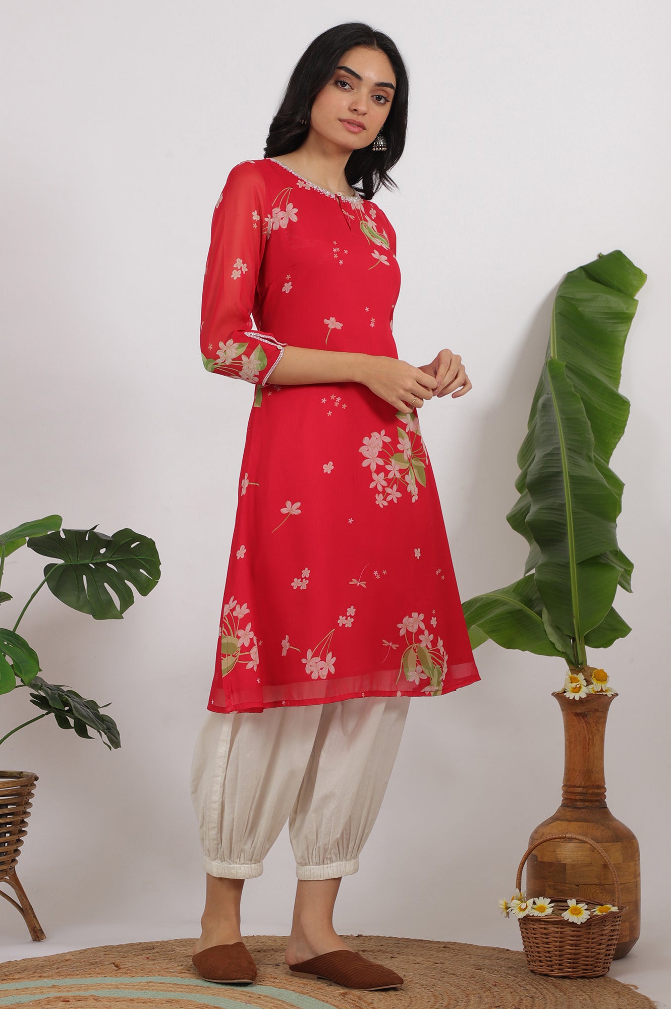 Red Floral Printed Chiffon A-line Kurta