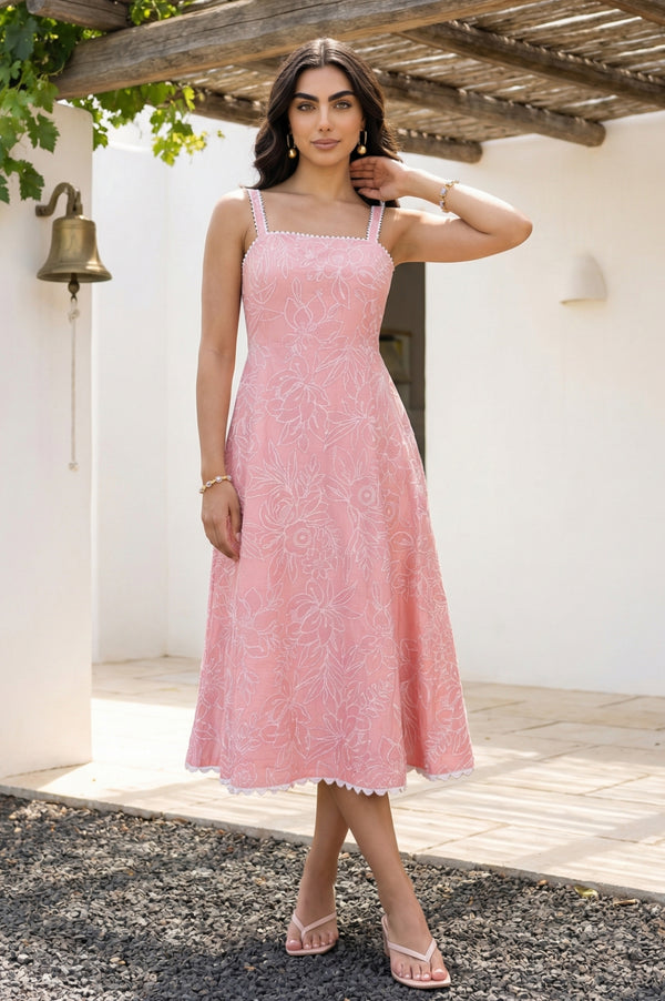 Pink Floral Printed Sleeveless Pure Cotton Flared Dress
