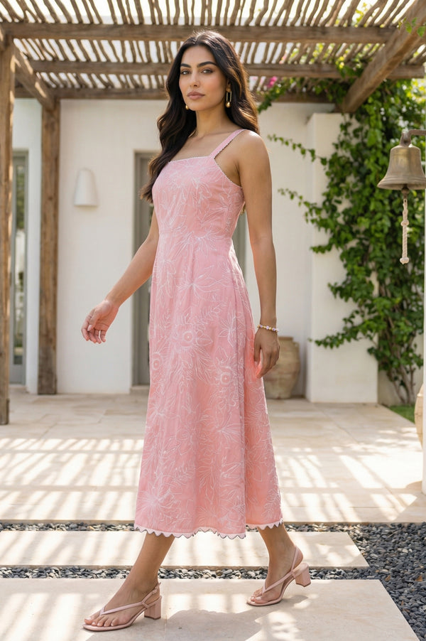 Pink Floral Printed Sleeveless Pure Cotton Flared Dress