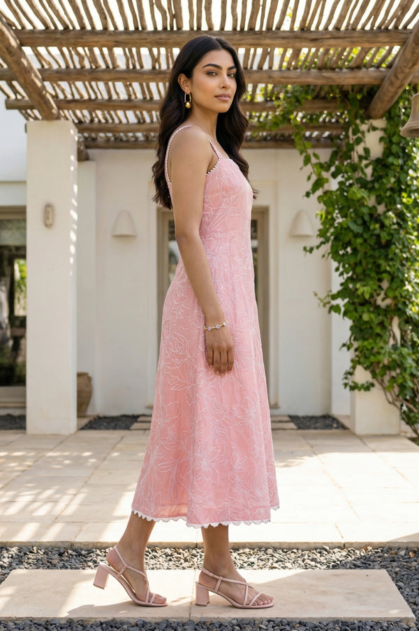 Pink Floral Printed Sleeveless Pure Cotton Flared Dress