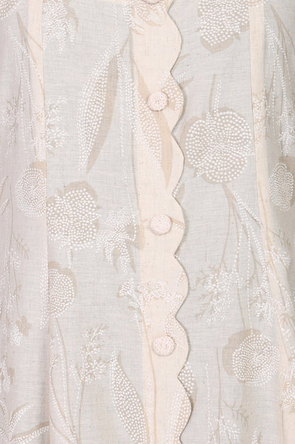 Beige Textured Cotton Blend Embroidered A-line Western Dress