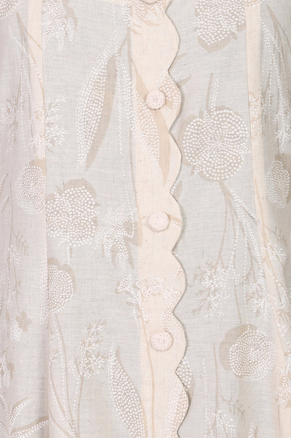 Beige Textured Cotton Blend Embroidered A-line Western Dress