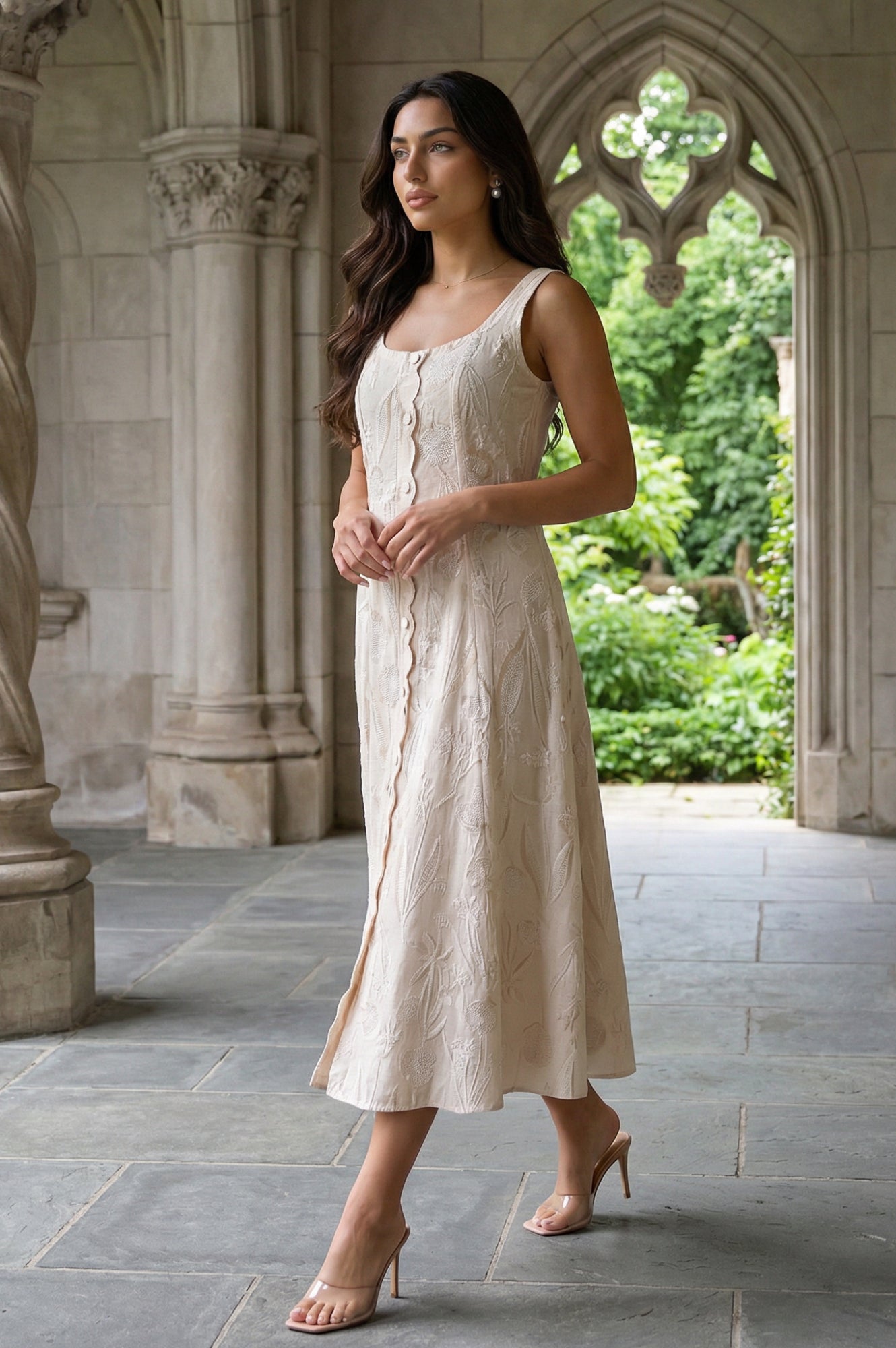 Beige Textured Cotton Blend Embroidered A-line Western Dress