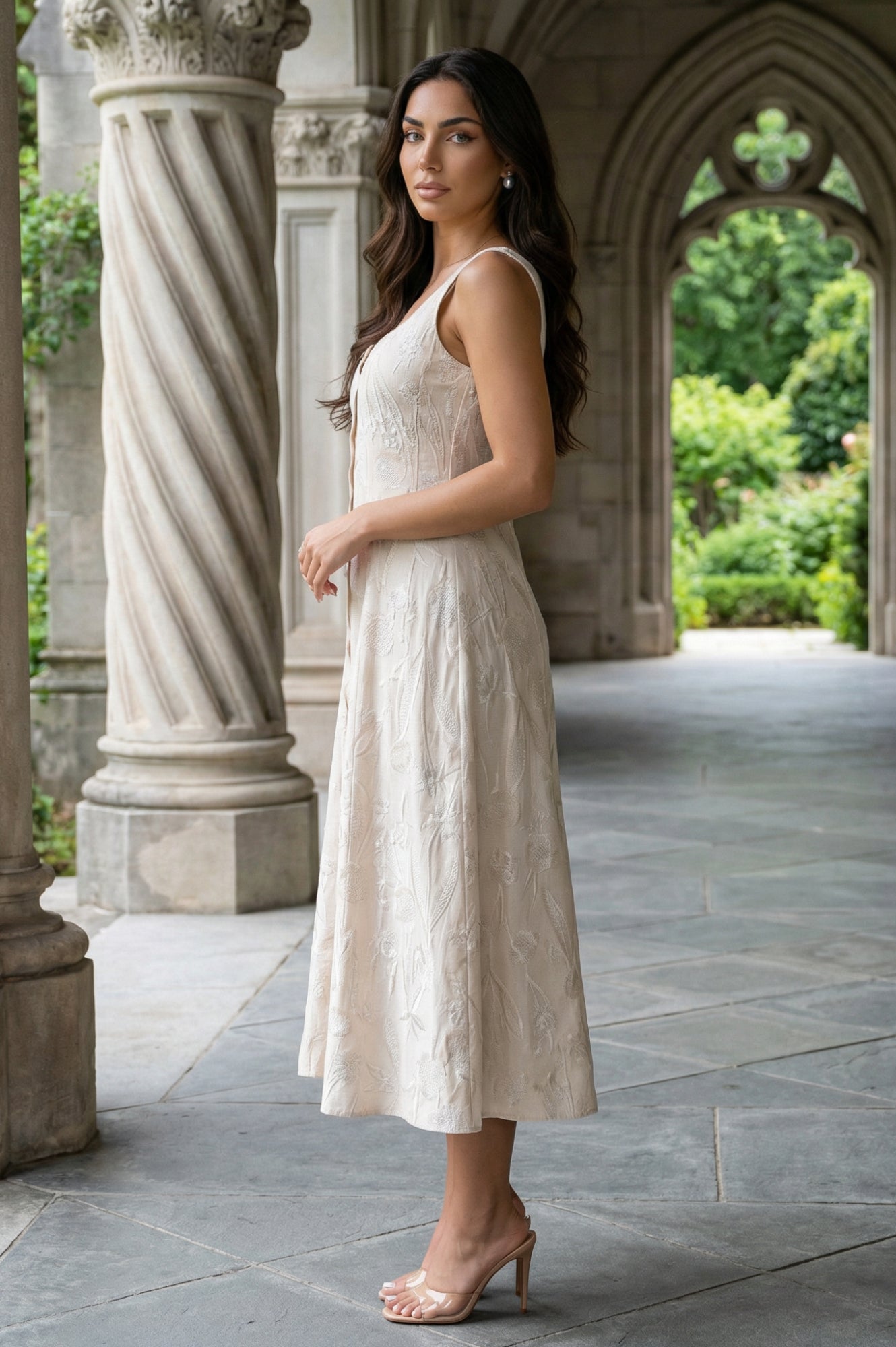 Buy Beige Textured Cotton Blend Embroidered A-line Western Dress Online for  Woman