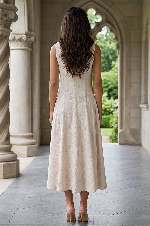 Beige Textured Cotton Blend Embroidered A-line Western Dress
