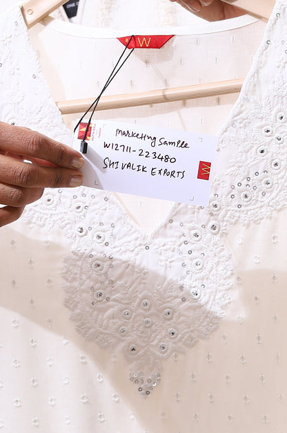 White Mirror Work Pure Cotton Straight Kurta