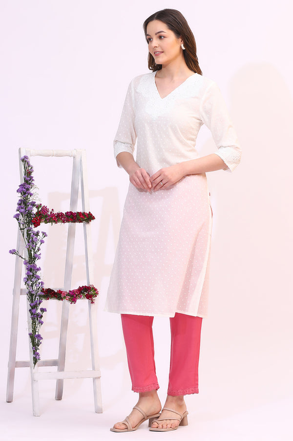 White Mirror Work Pure Cotton Straight Kurta