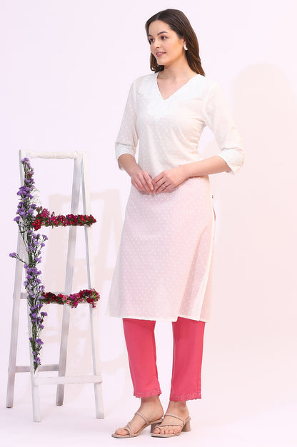 White Mirror Work Pure Cotton Straight Kurta