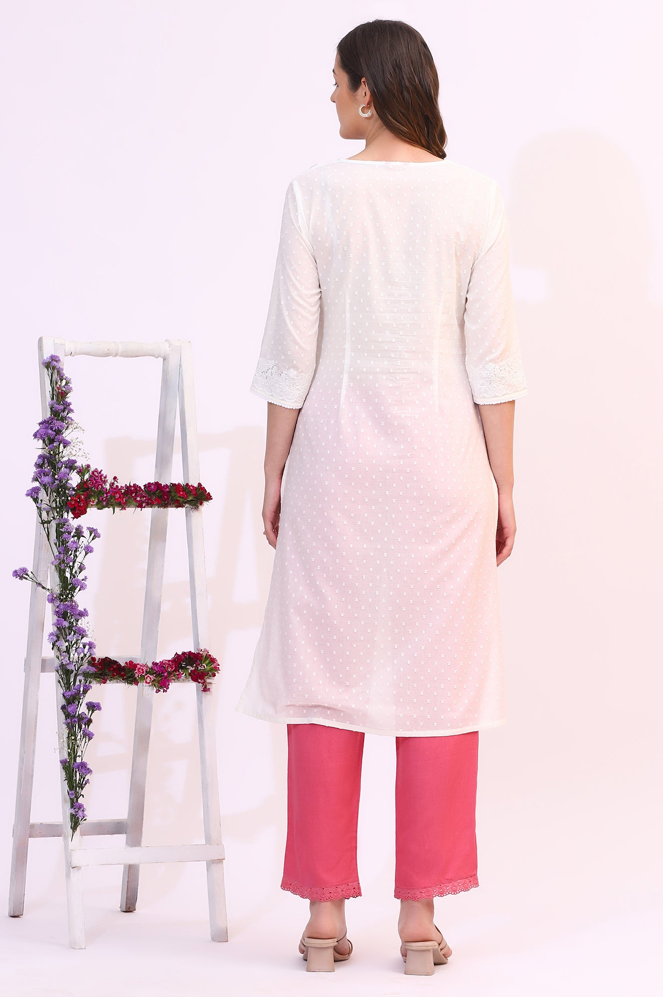 White Mirror Work Pure Cotton Straight Kurta