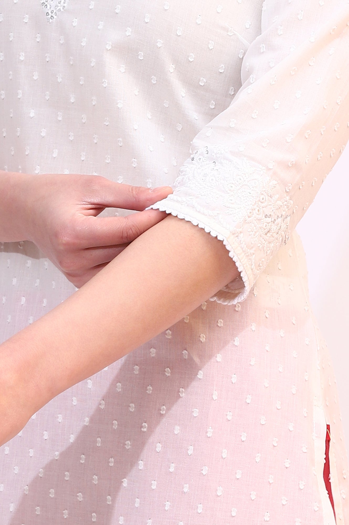 White Mirror Work Pure Cotton Straight Kurta