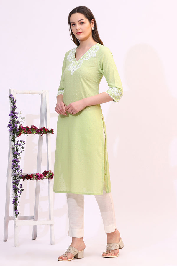 Pistachio Green Mirror Work Pure Cotton Straight Kurta