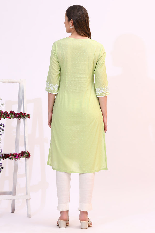 Pistachio Green Mirror Work Pure Cotton Straight Kurta