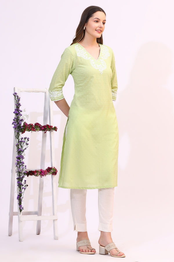 Pistachio Green Mirror Work Pure Cotton Straight Kurta