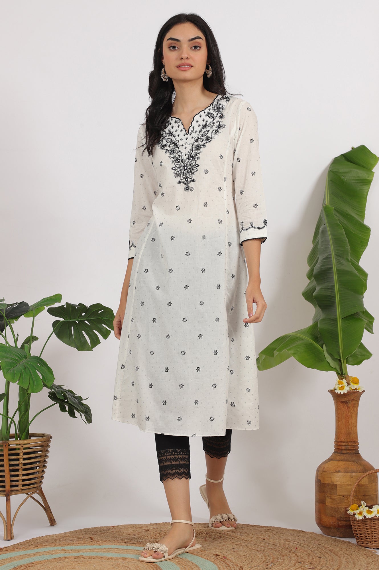 White Printed Cotton Lurex Dobby Flared Kurta with Embroidered Yoke