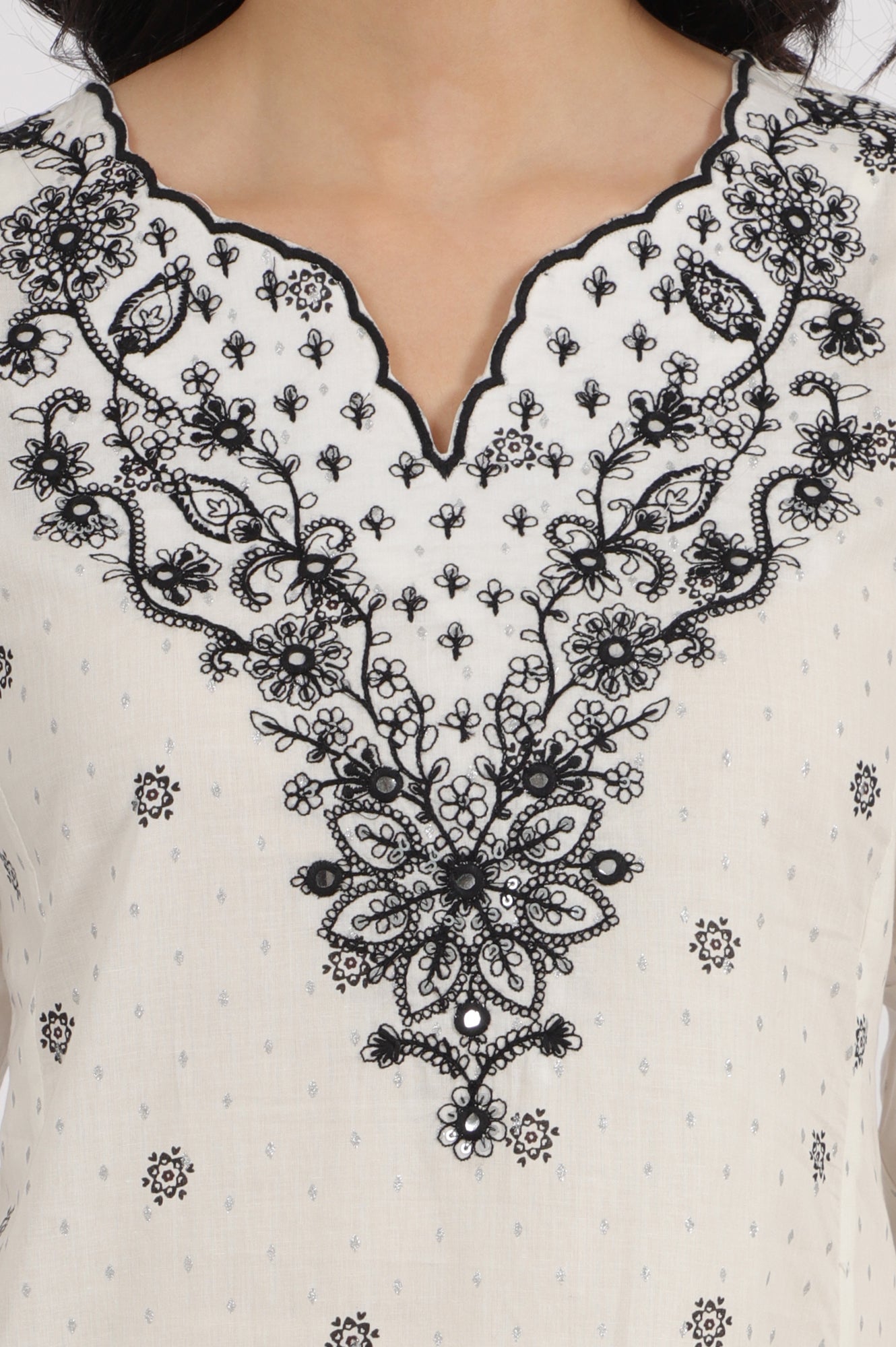 White Printed Cotton Lurex Dobby Flared Kurta with Embroidered Yoke