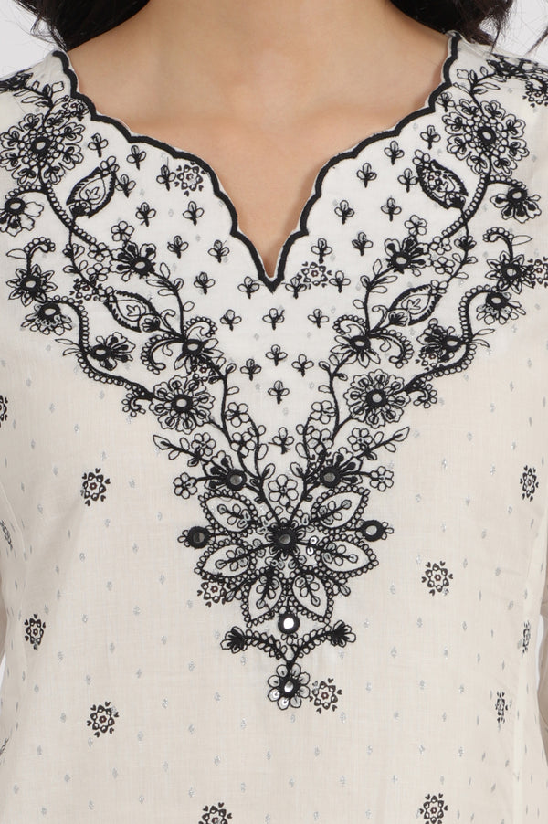 White Printed Cotton Lurex Dobby Flared Kurta with Embroidered Yoke