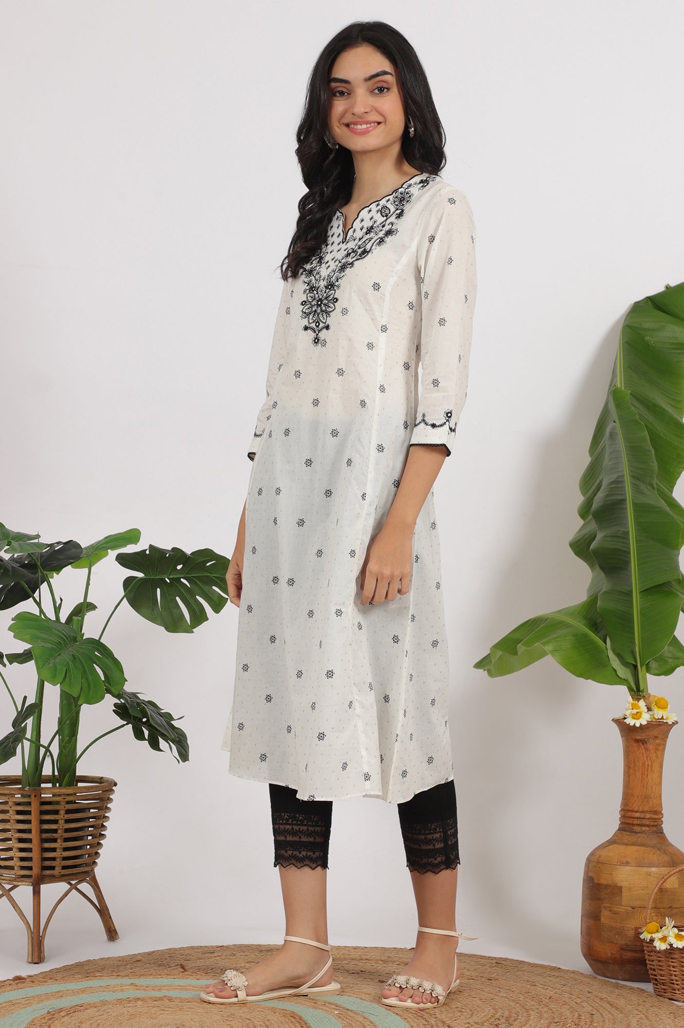 White Printed Cotton Lurex Dobby Flared Kurta with Embroidered Yoke