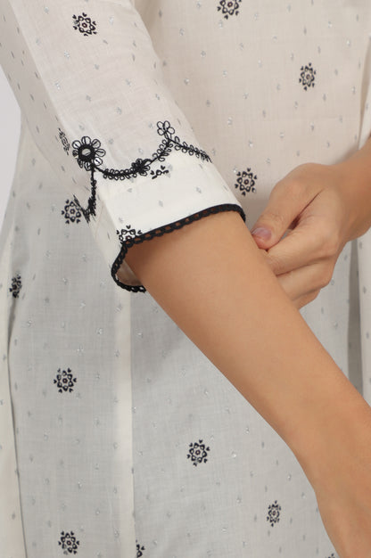 White Printed Cotton Lurex Dobby Flared Kurta with Embroidered Yoke