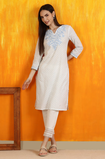 White Embroidered Cotton Swiss Dot Straight Kurta