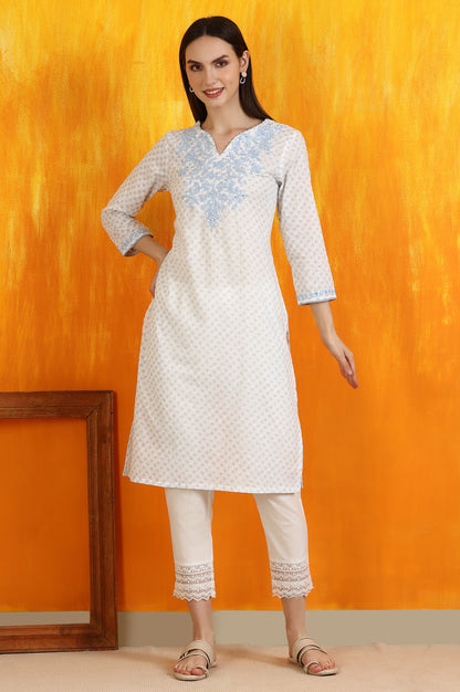 White Embroidered Cotton Swiss Dot Straight Kurta