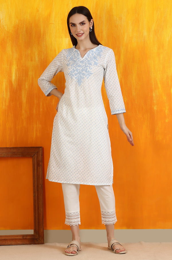 White Embroidered Cotton Swiss Dot Straight Kurta