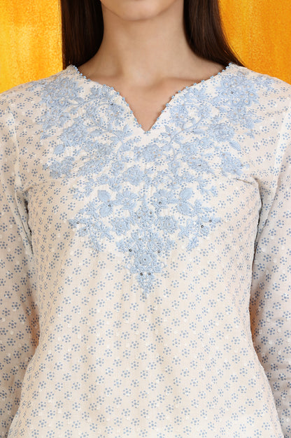 White Embroidered Cotton Swiss Dot Straight Kurta