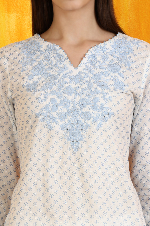 White Embroidered Cotton Swiss Dot Straight Kurta