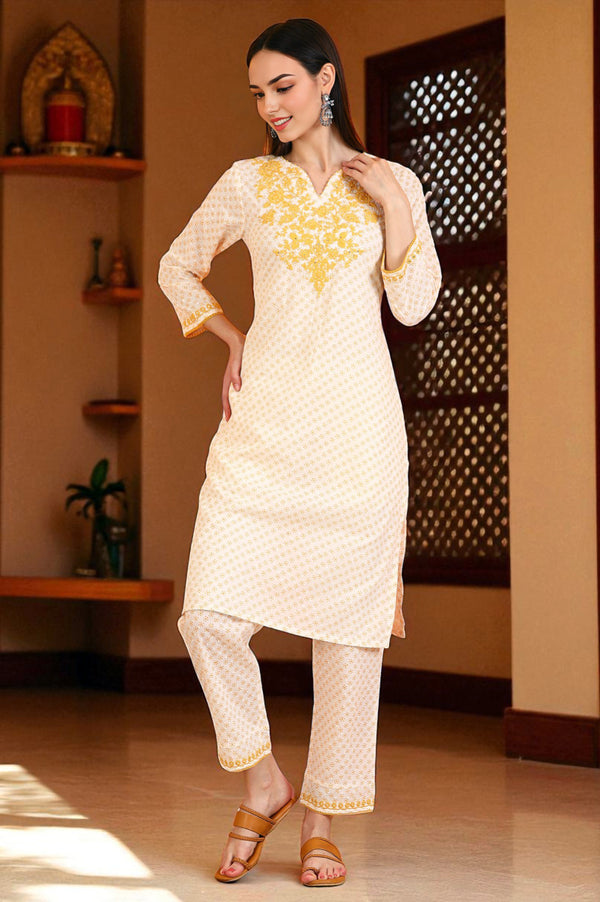 White Bandhani Printed Cotton Swiss Dot Straight Kurta with Embroidery