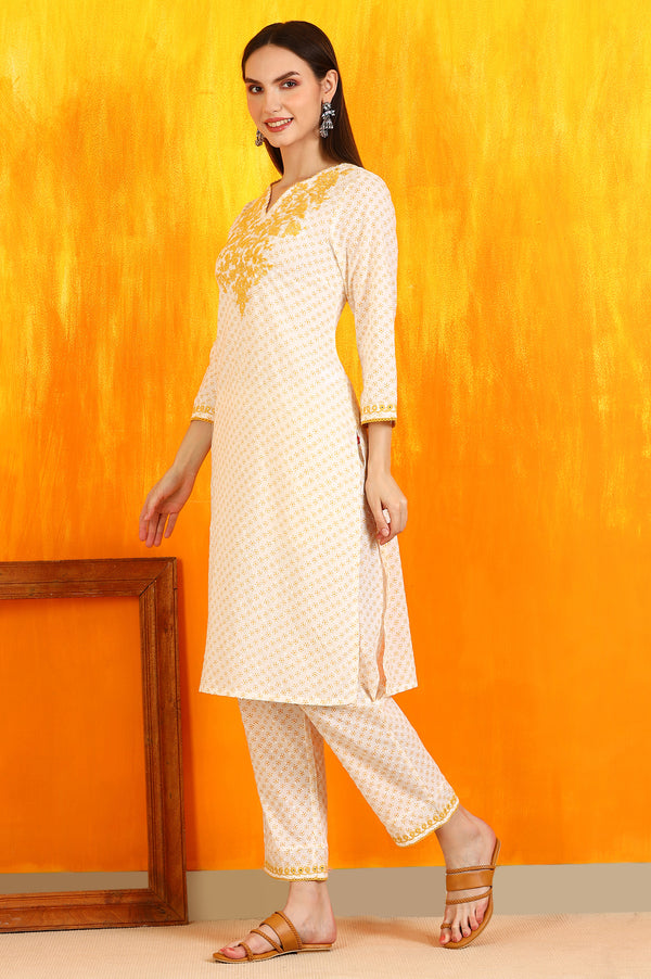 White Bandhani Printed Cotton Swiss Dot Straight Kurta with Embroidery