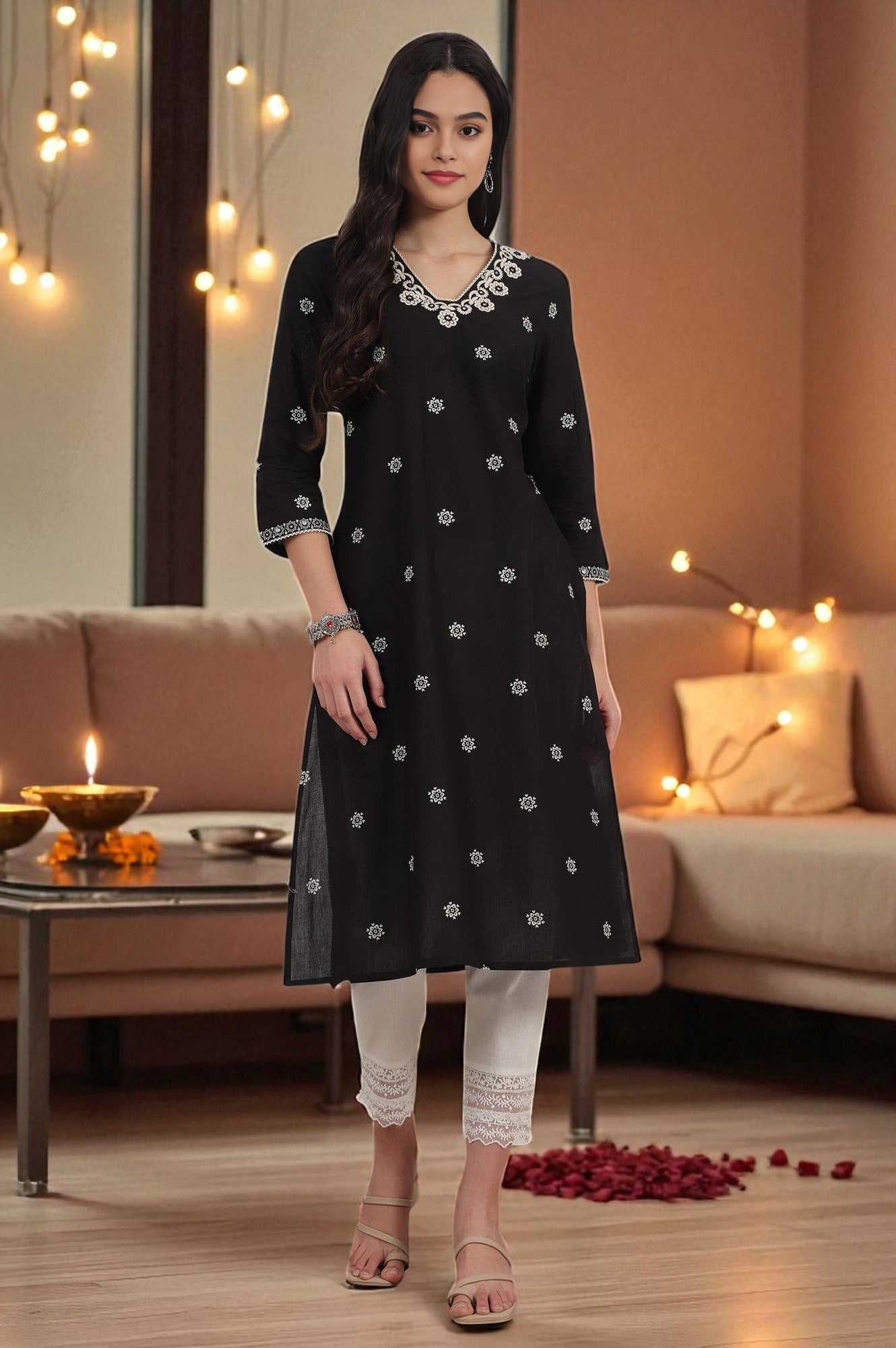 Black Bandhani Printed Pure Cotton Straight Kurta