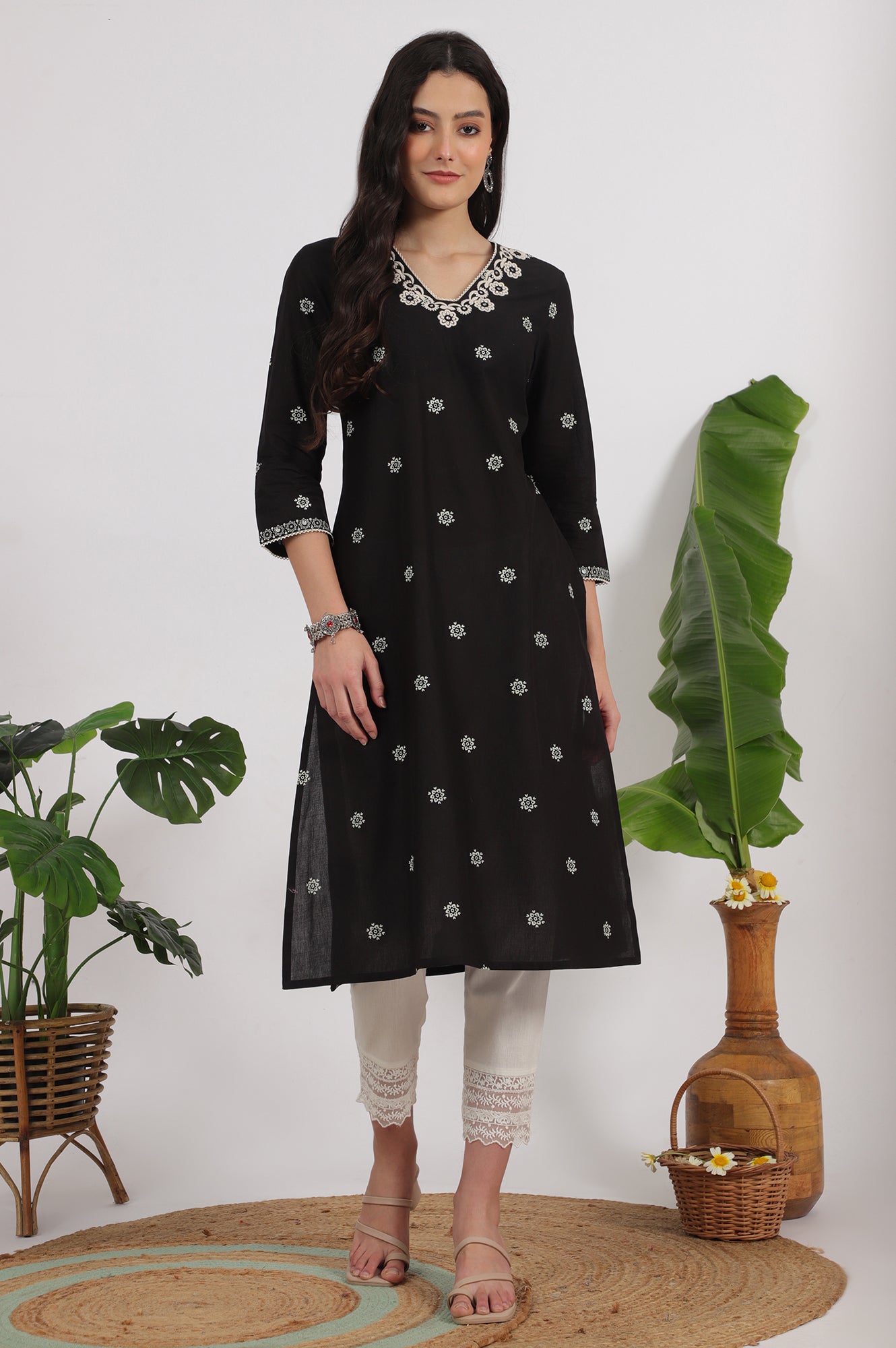 Black Bandhani Printed Pure Cotton Straight Kurta