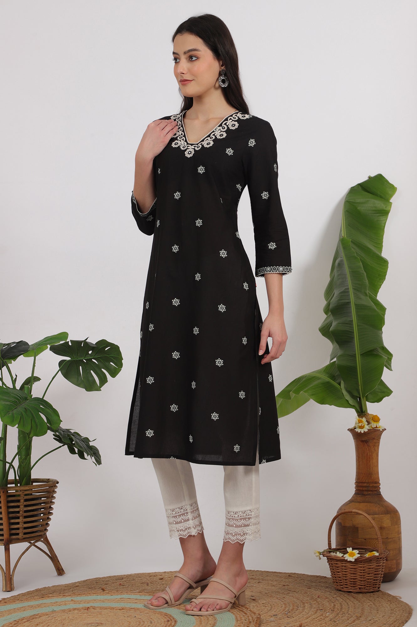 Black Bandhani Printed Pure Cotton Straight Kurta