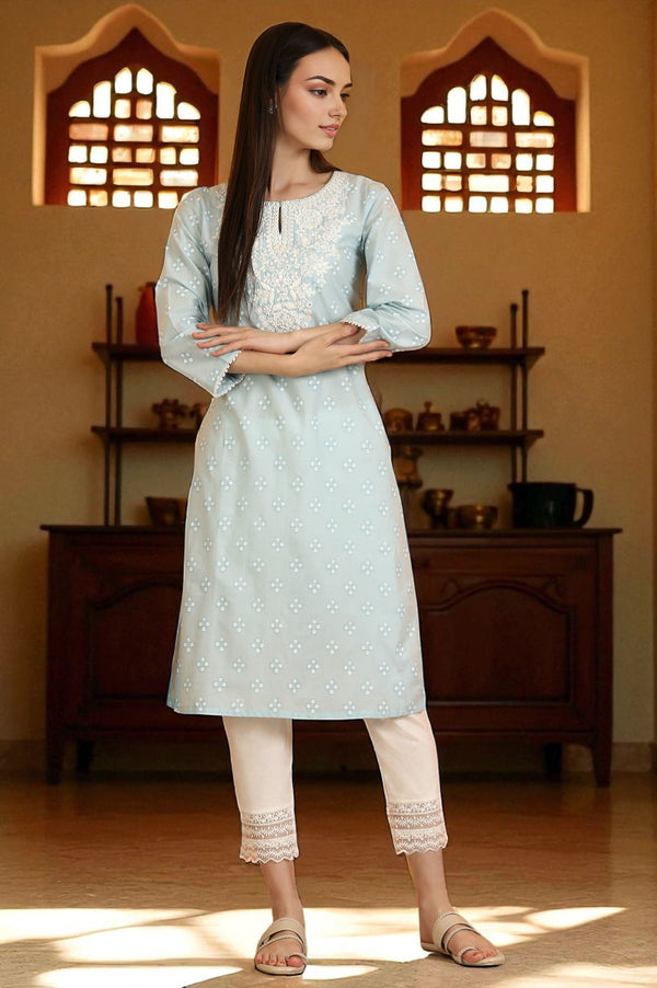 Light Blue Printed Pure Cotton Straight Kurta with Embroidery