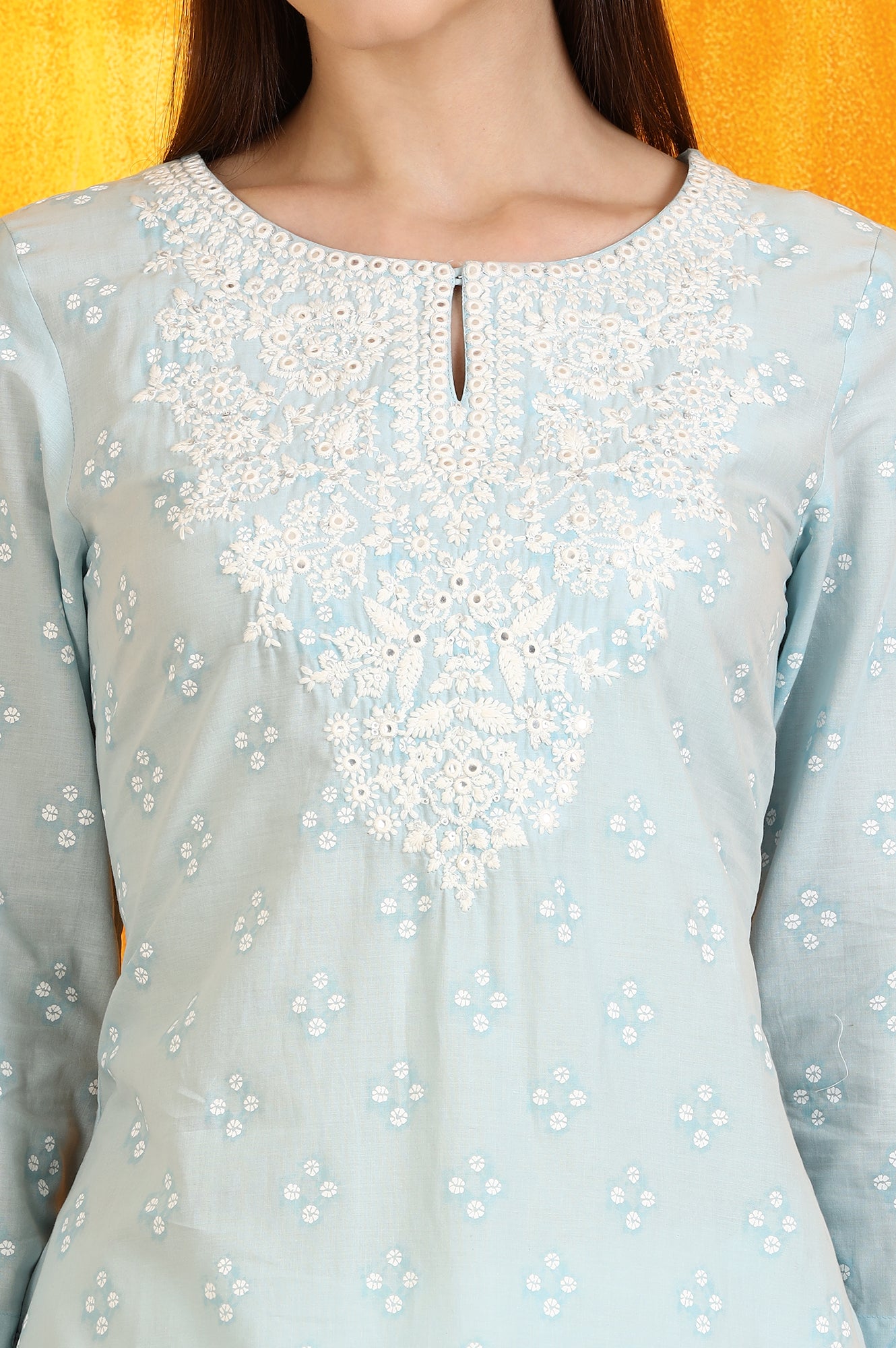 Light Blue Printed Pure Cotton Straight Kurta with Embroidery