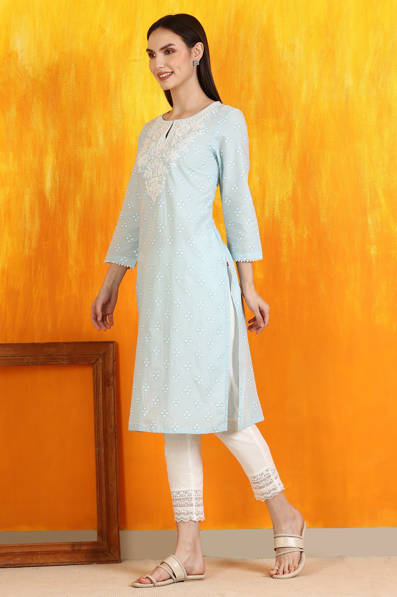 Light Blue Printed Pure Cotton Straight Kurta with Embroidery