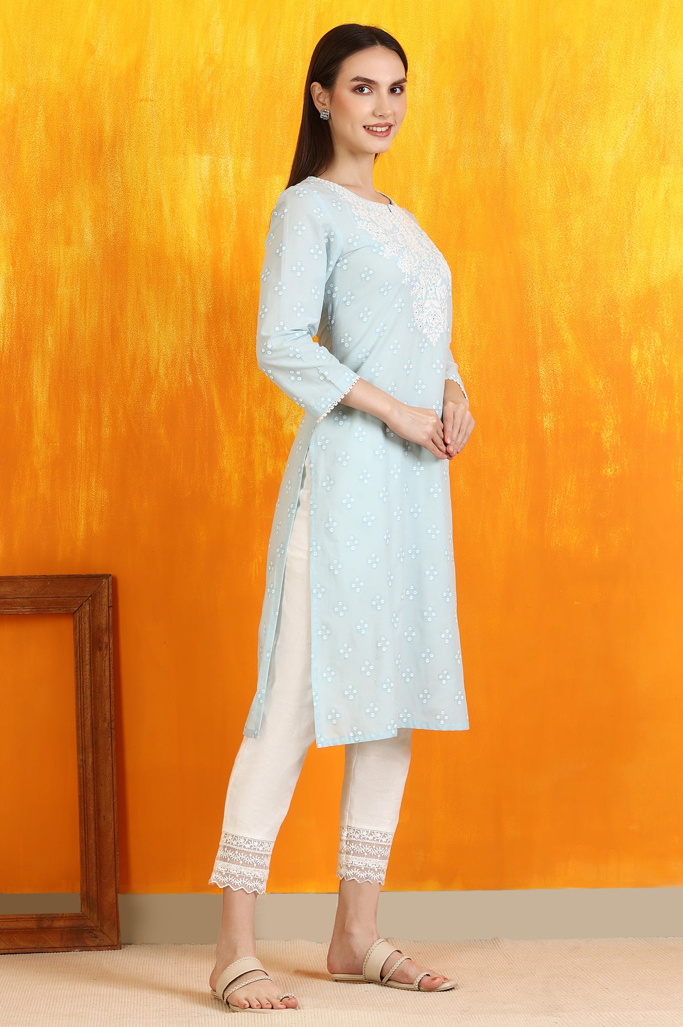 Light Blue Printed Pure Cotton Straight Kurta with Embroidery