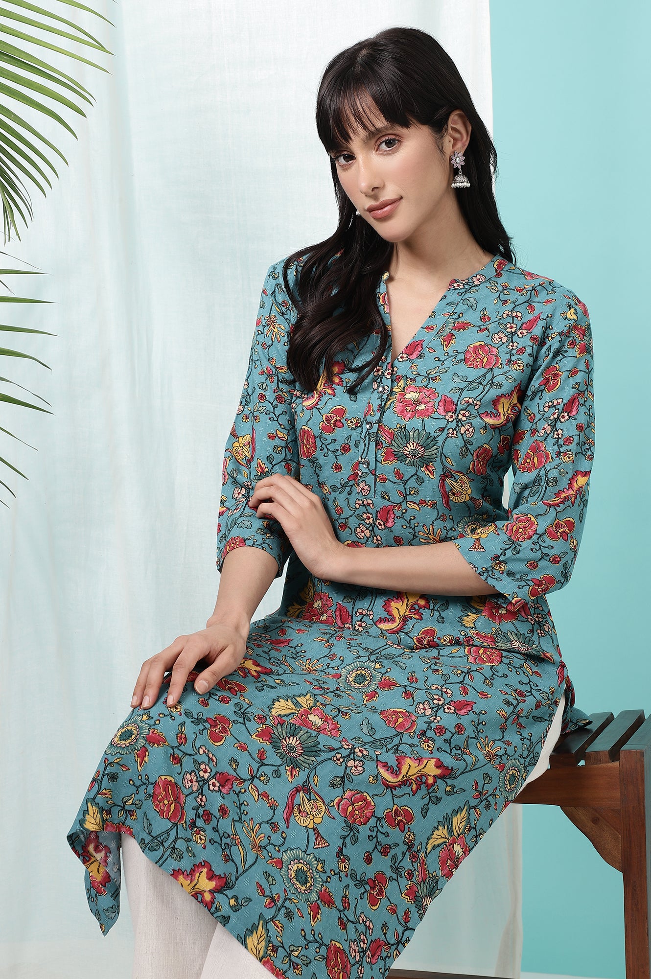 Teal Blue Floral Printed Straight Kurta