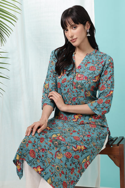 Teal Blue Floral Printed Straight Kurta