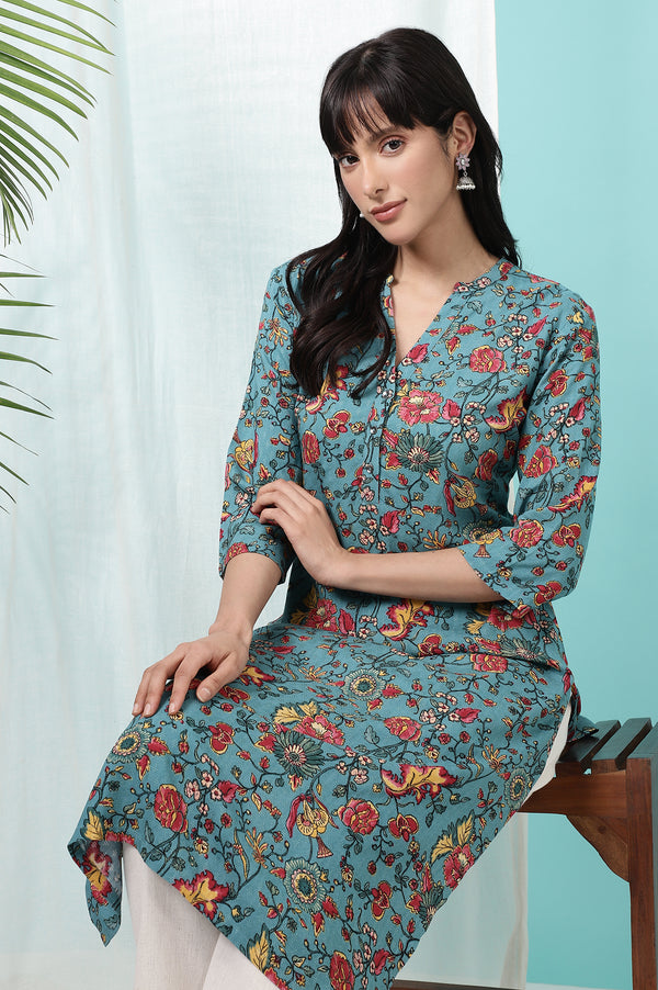 Teal Blue Floral Printed Straight Kurta